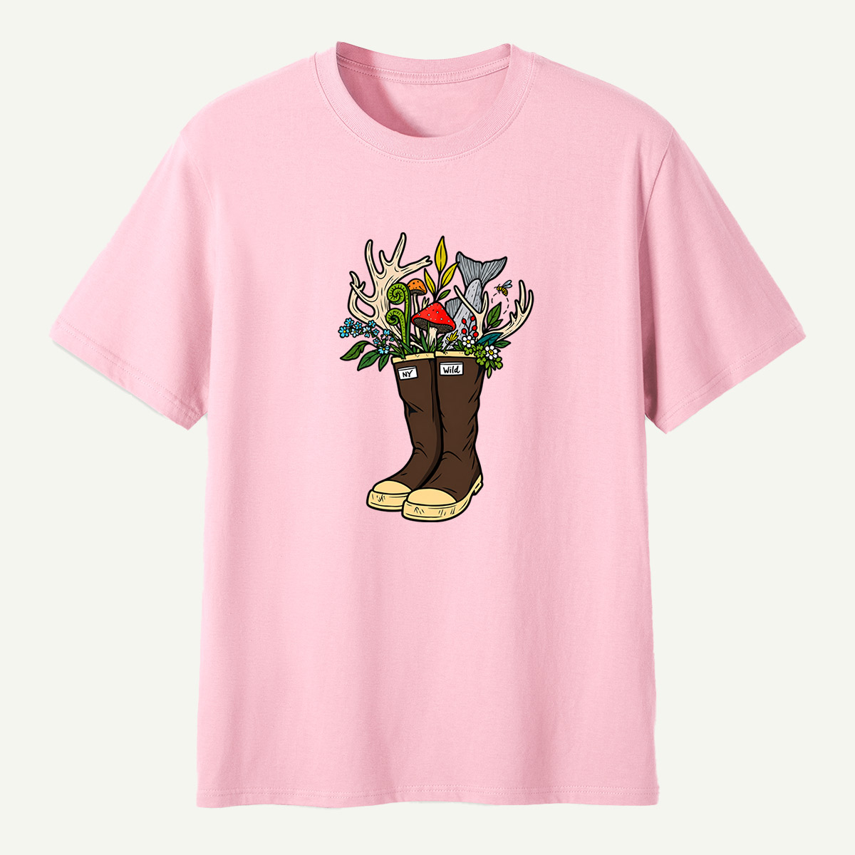 Wild Boots Antlers Mushroom Forest Botanical Arrangement T-Shirt