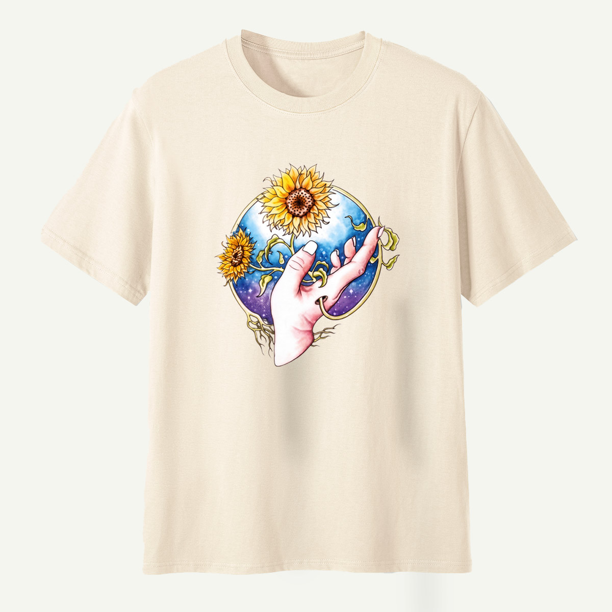 Sunflower Hand Galaxy Botanical Illustration T-Shirt