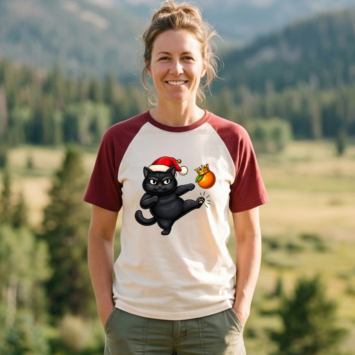 Santa Black Cat Kicking A Crowned Orange Raglan T-Shirt
