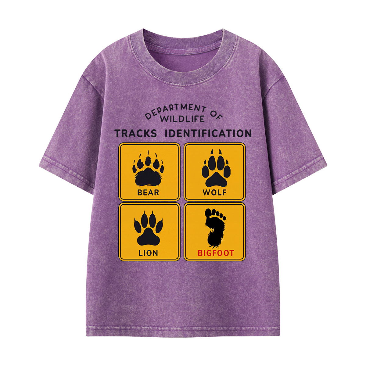 Department of Wildlife Tracks Identification Bear Wolf Lion Cryptids Kids Washed T-Shirt