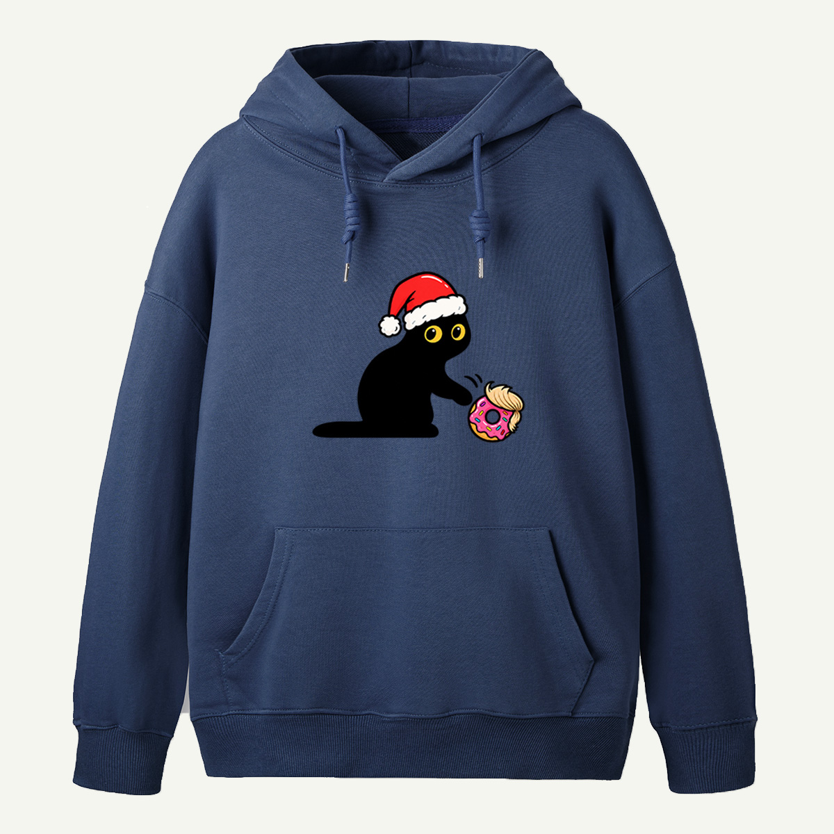 Mischievous Black Cat In Santa Hat Playing With Pink Donut Hoodie