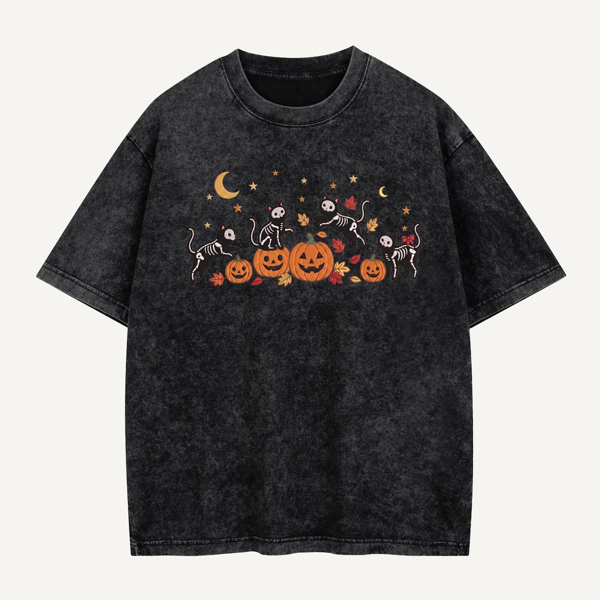 Skeleton Cats Pumpkin Party Washed T-Shirt