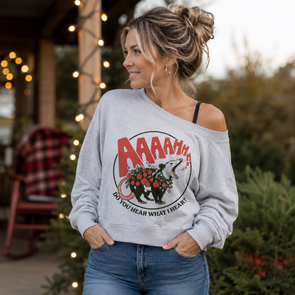 Aaaaaa Festive Opossum Panic Women Off Shoulder Sweatshirt