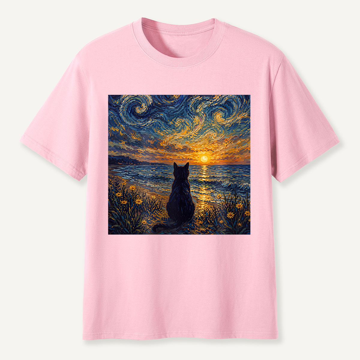 Starry Night Sunset Cat Seaside T-Shirt