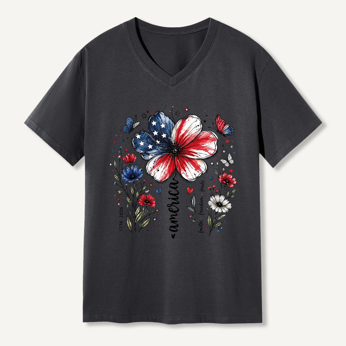 USA 250th Anniversary Floral V-neck T-Shirt
