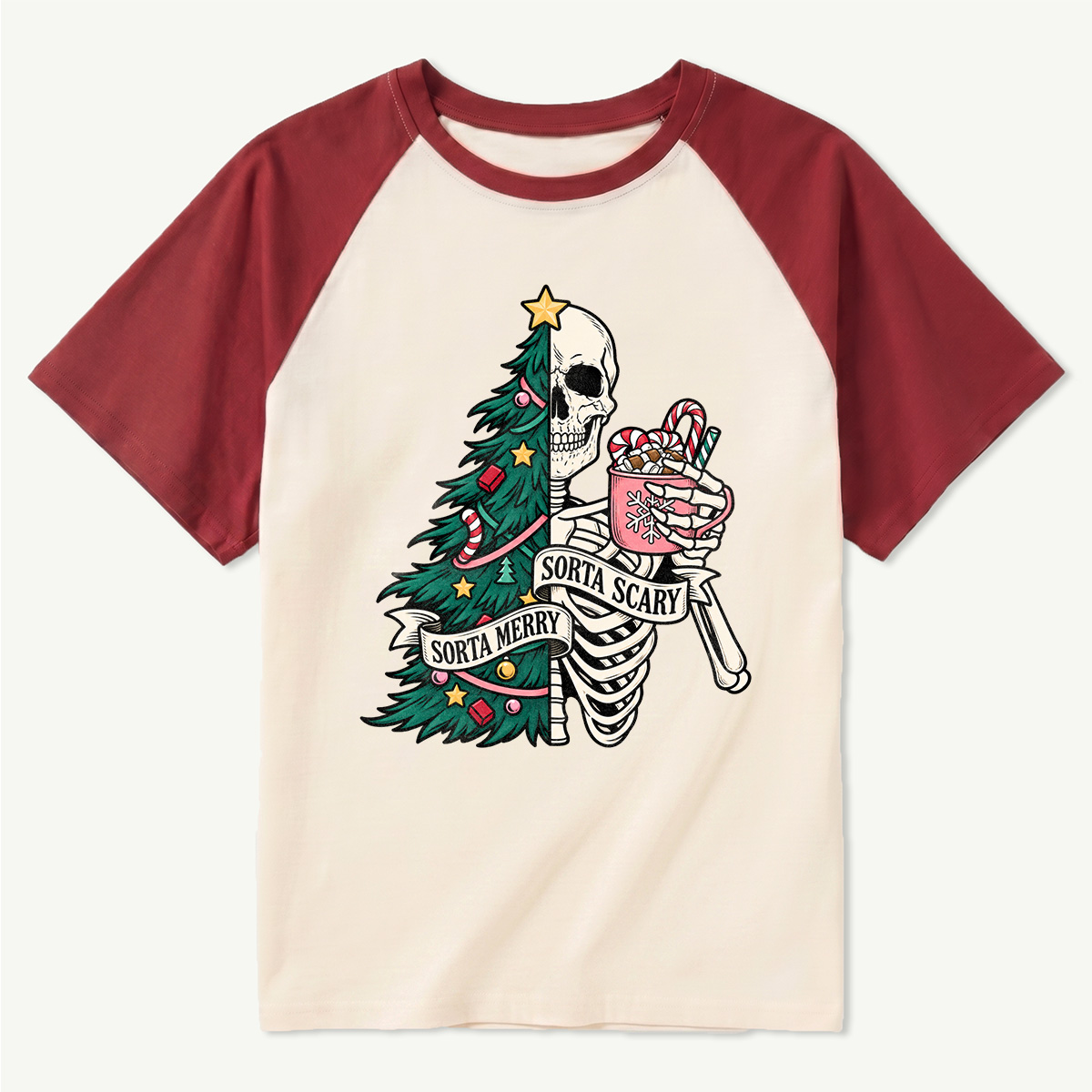 Sorta Merry Sorta Scary Half Skull Christmas Tree Raglan T-Shirt