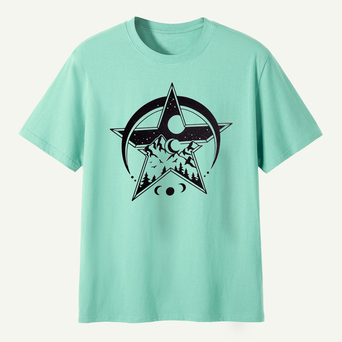 Geometric Star Mountain Moon Phase Celestial Emblem T-Shirt