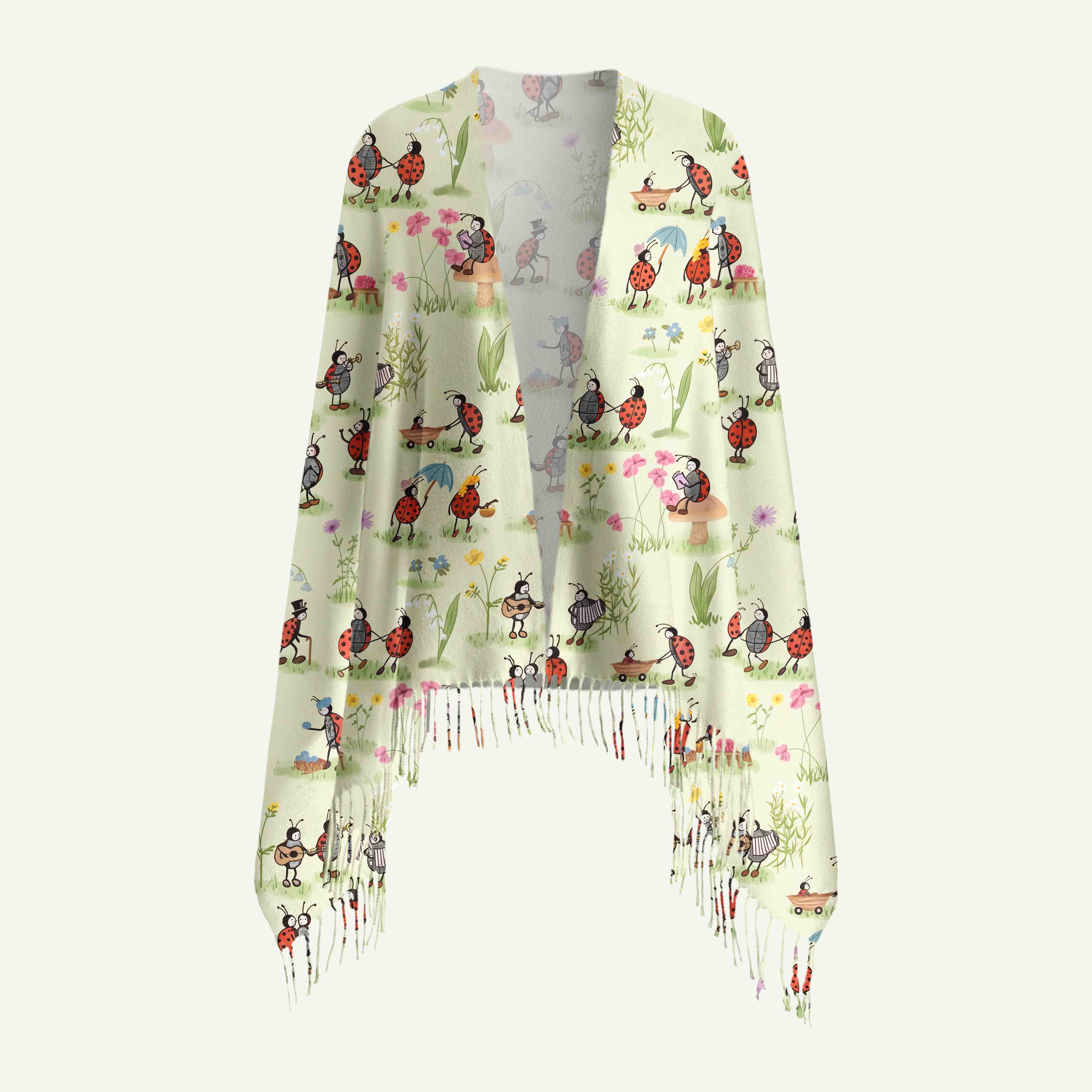 Ladybug and Flower Long Cashmere Scarf with Tassels