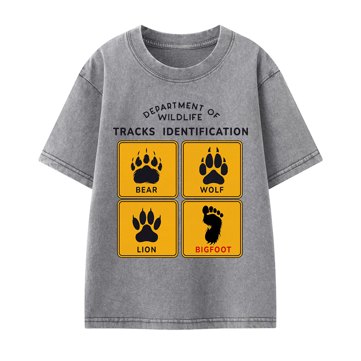 Department of Wildlife Tracks Identification Bear Wolf Lion Cryptids Kids Washed T-Shirt
