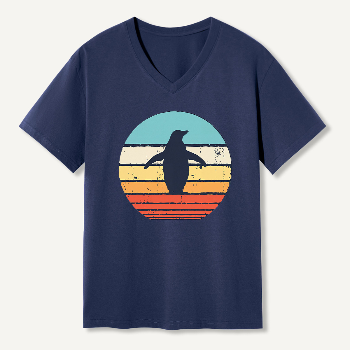 Lone Penguin Retro Sunset V-neck T-Shirt