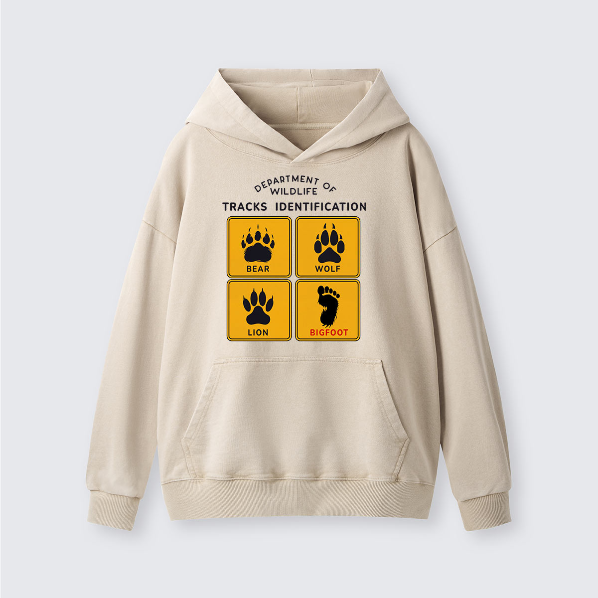 Department of Wildlife Tracks Identification Bear Wolf Lion Cryptids Washed Hoodie