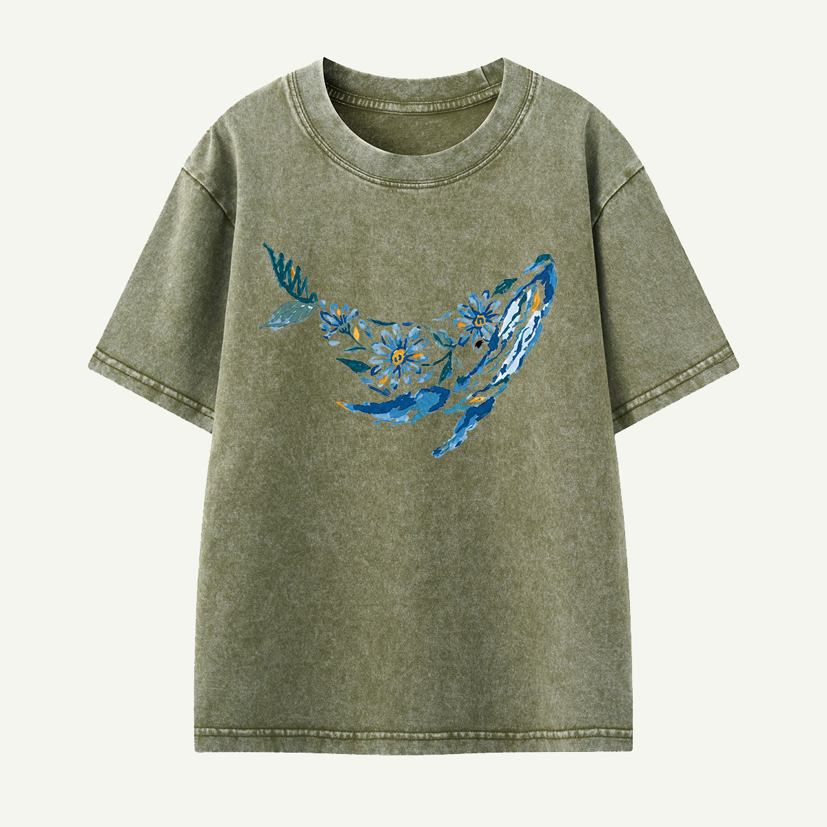 Floral Whale Silhouette Kids Washed T-Shirt