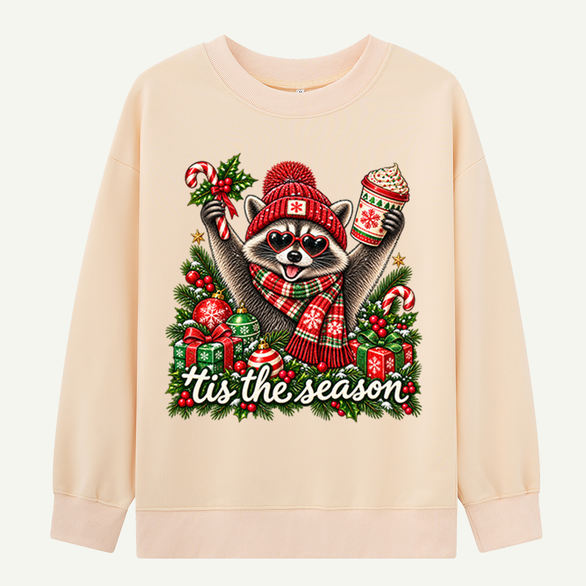 Tis The Season Festive Raccoon With Heart Sunglasses And Hot Cocoa Sweatshirts