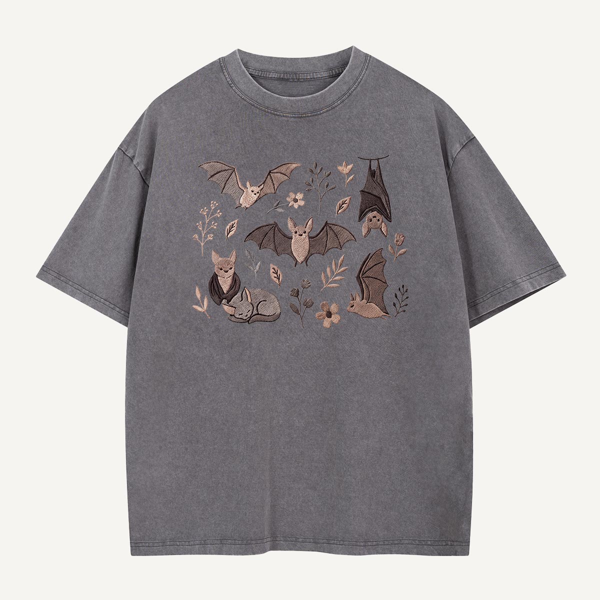 Bat Blooms & Midnight Wings Embroidered Washed T-Shirt