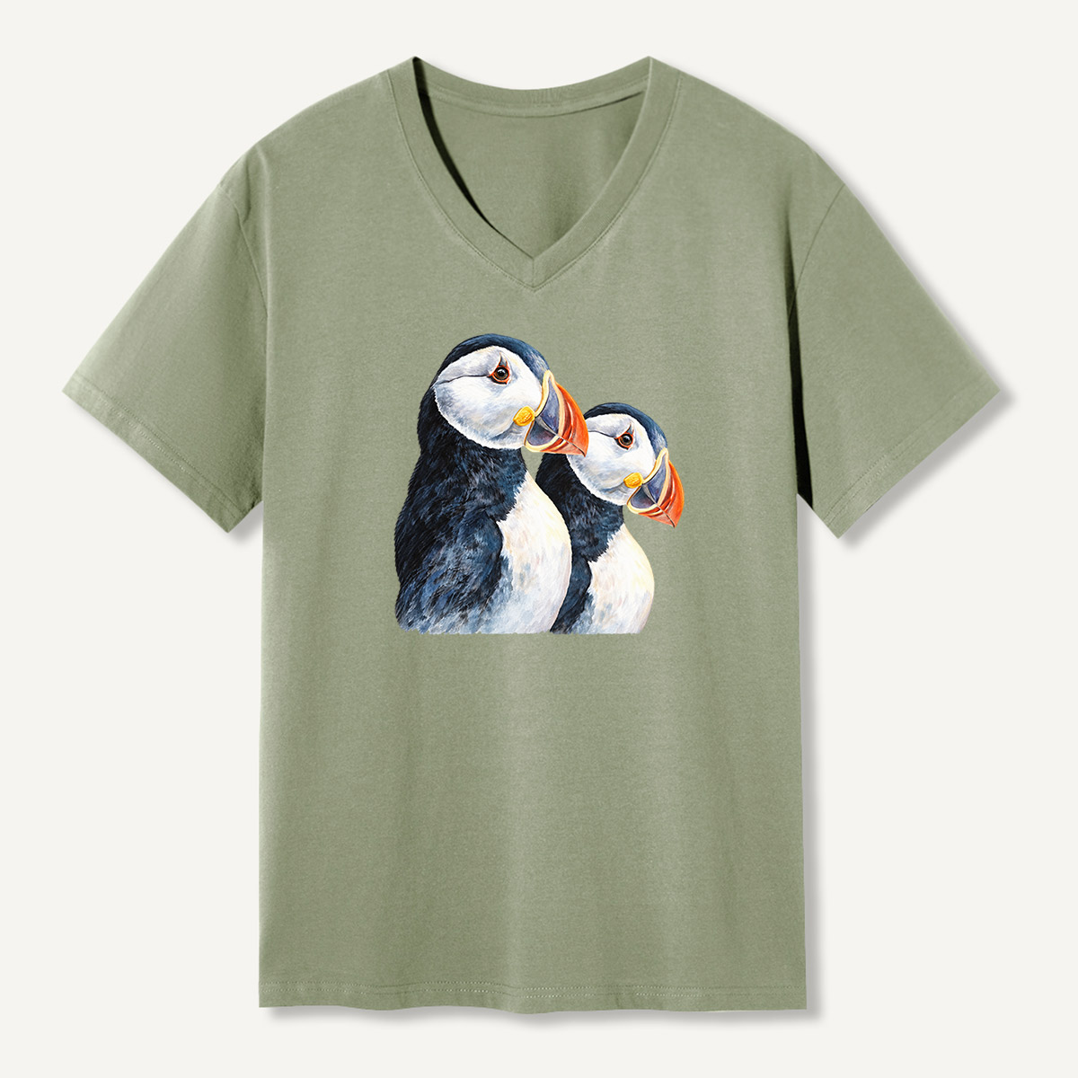 Dual Puffin Watercolor Portrait V-neck T-Shirt