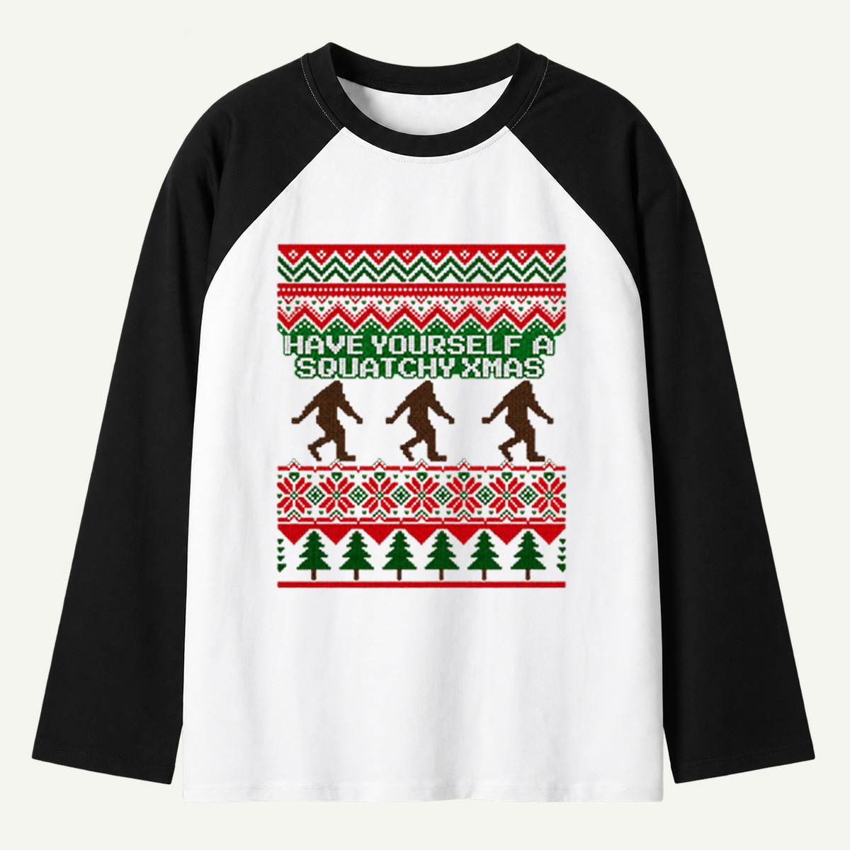 Have Yourself A Squatchy Xmas Retro Bigfoot Knit Pattern Raglan Long Sleeves