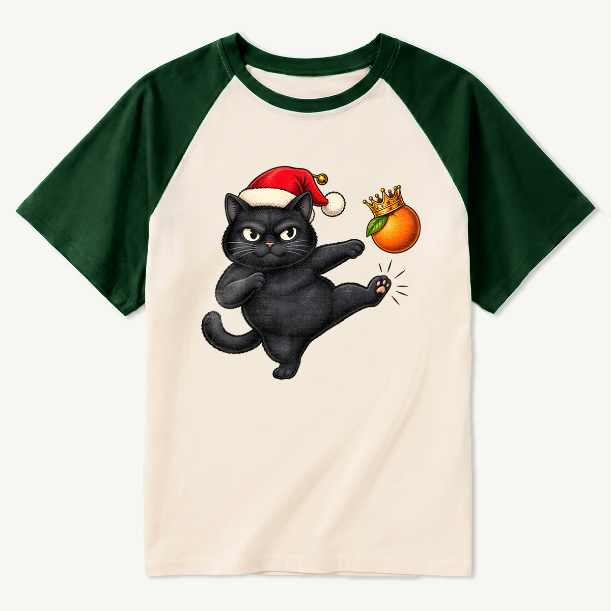 Santa Black Cat Kicking A Crowned Orange Raglan T-Shirt