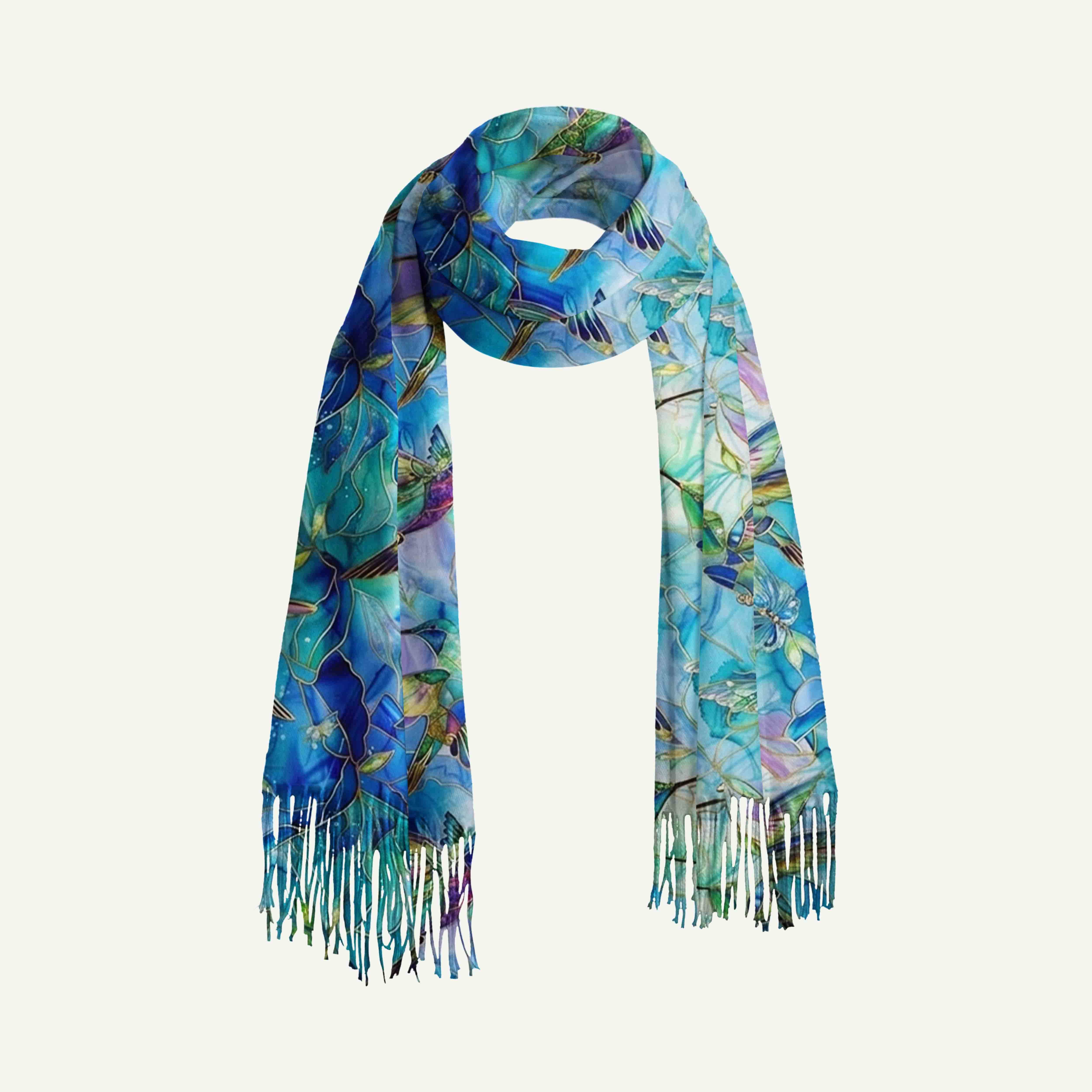 Hummingbird Garden Long Cashmere Scarf with Tassels