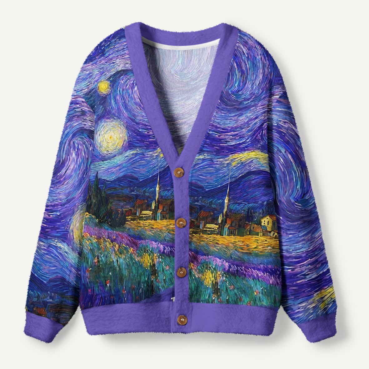 Swirling Night Sky Village Landscape Premium Ugly Cardigan Sweaters
