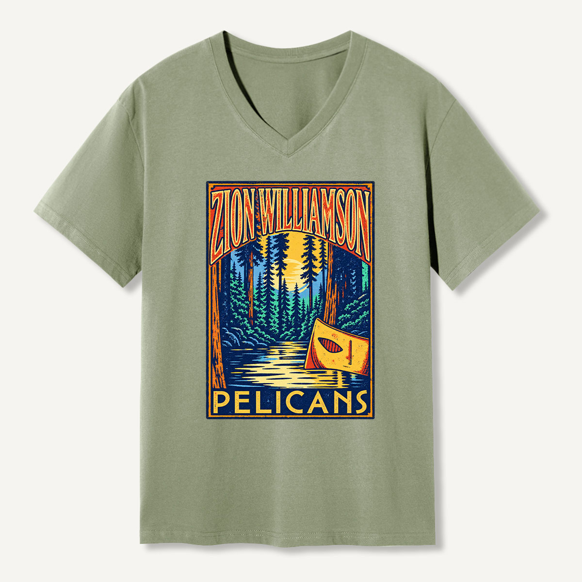 Vintage Forest Lake Canoe Landscape V-neck T-Shirt