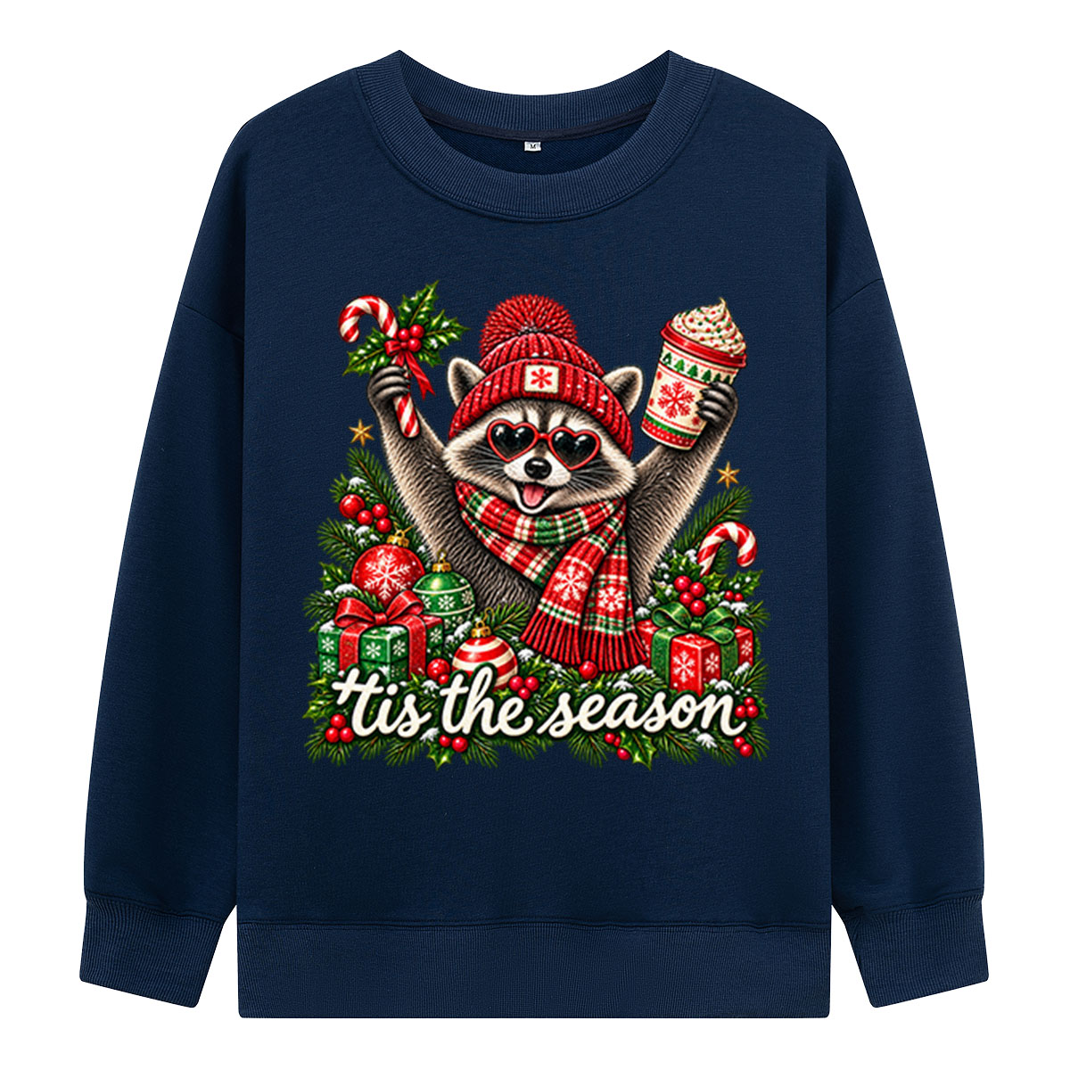 Tis The Season Festive Raccoon With Heart Sunglasses And Hot Cocoa Sweatshirts