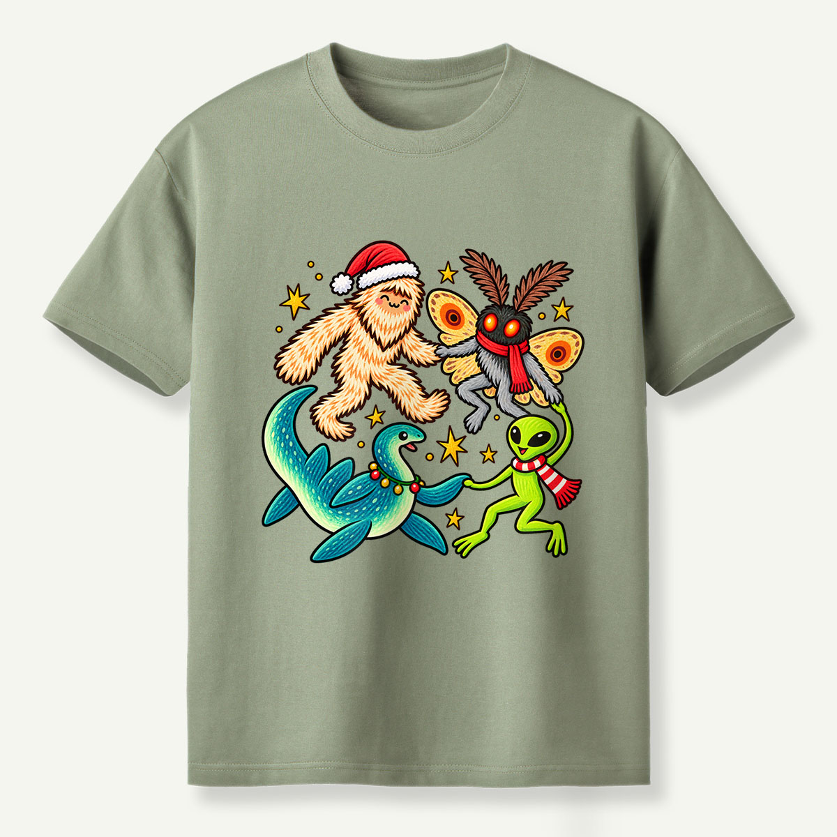 Christmas Cryptid Party Bigfoot Mothman Nessie And Alien T-Shirt
