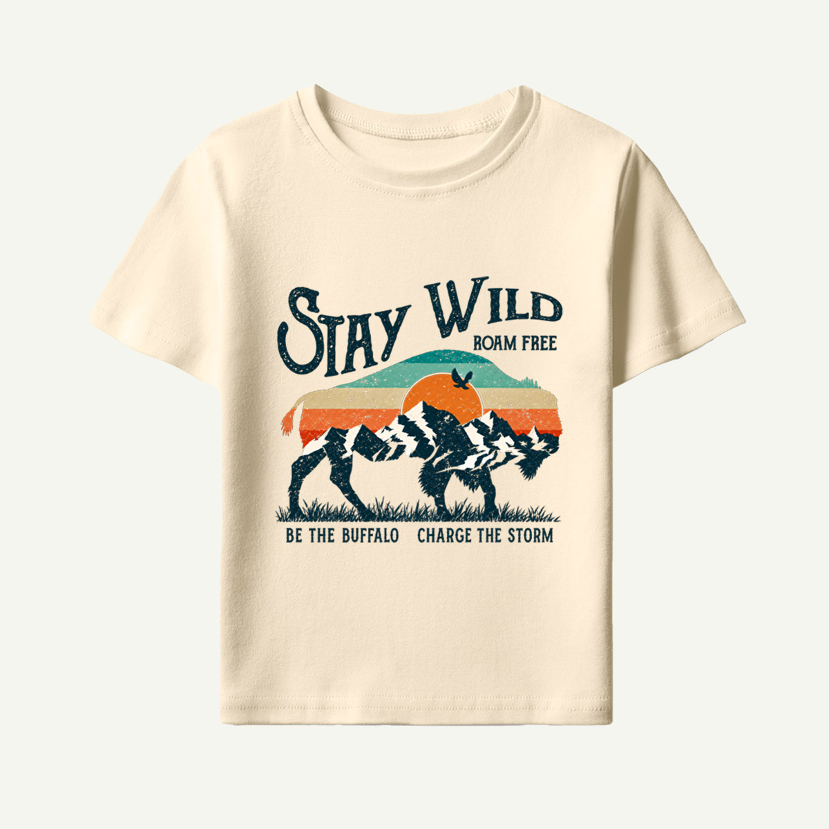 Stay Wild Roam Free Be The Buffalo Charge The Storm Vintage Buffalo Landscape Kids T-Shirt
