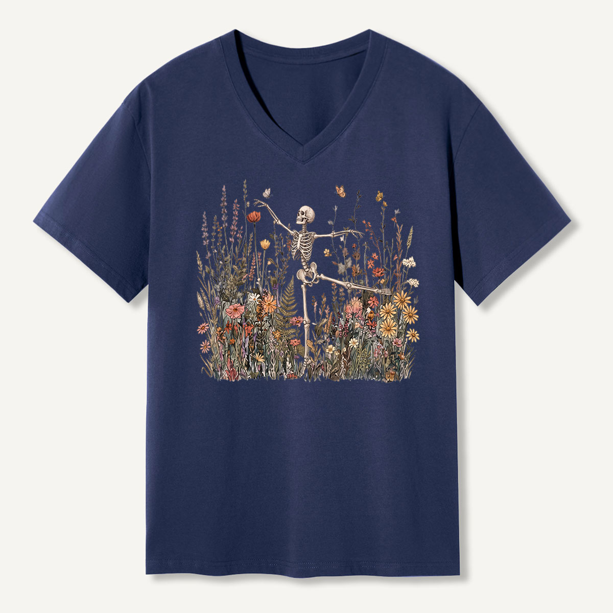Dancing Skeleton Wildflower Garden V-neck T-Shirt