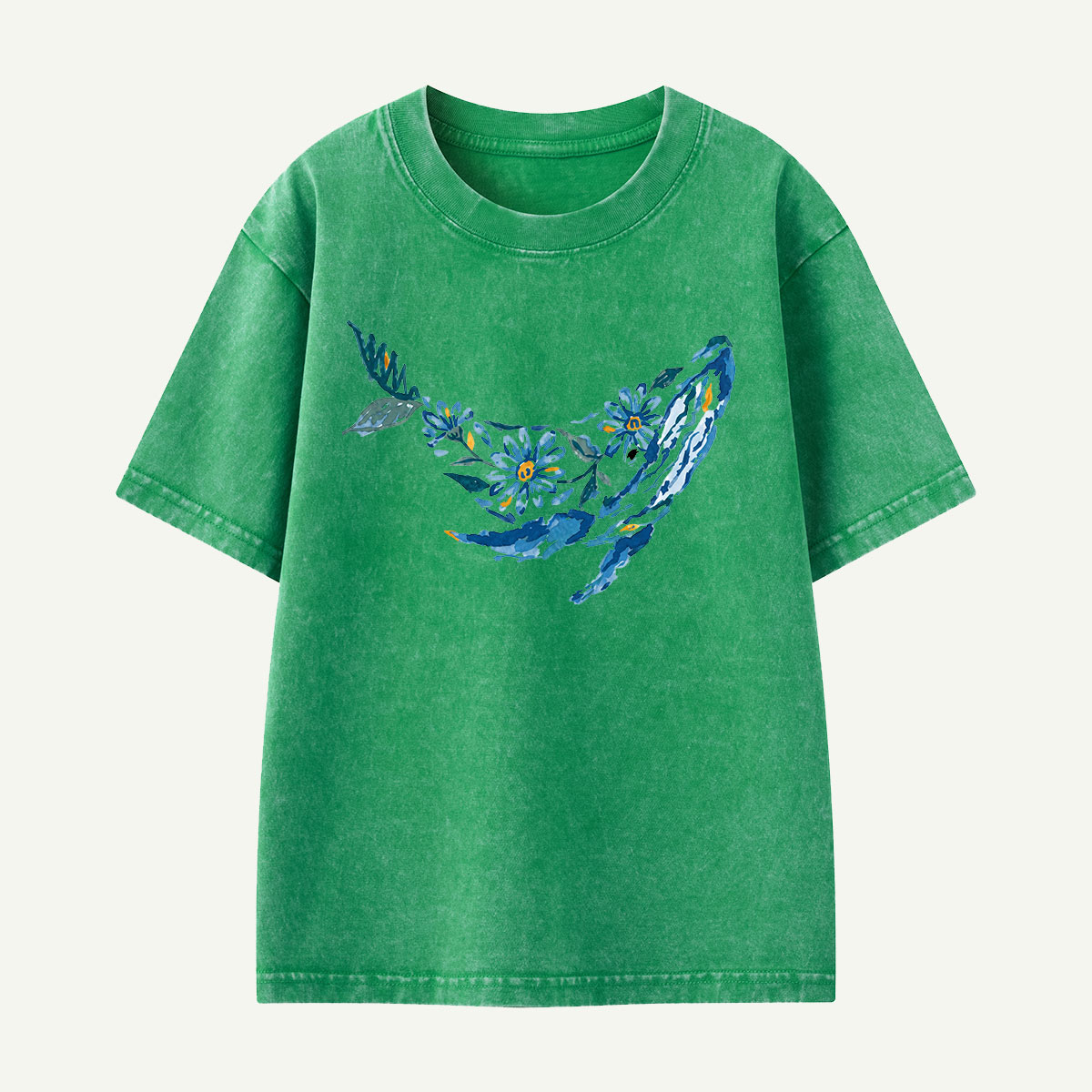 Floral Whale Silhouette Kids Washed T-Shirt