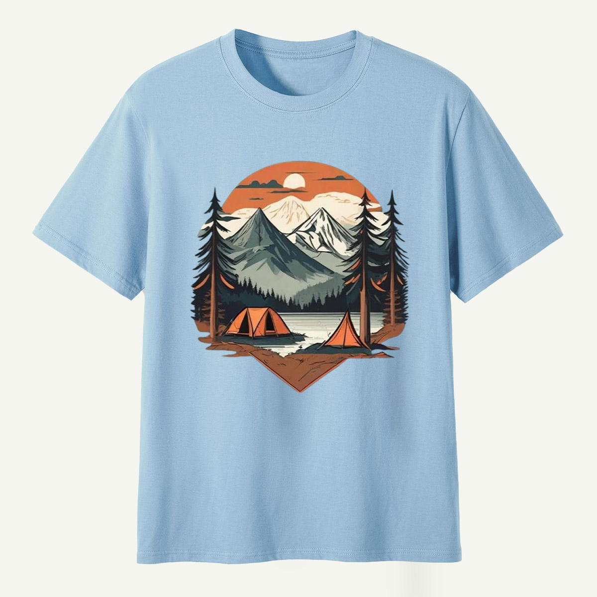 Sunset Mountain Lake Pine Forest Camping T-Shirt