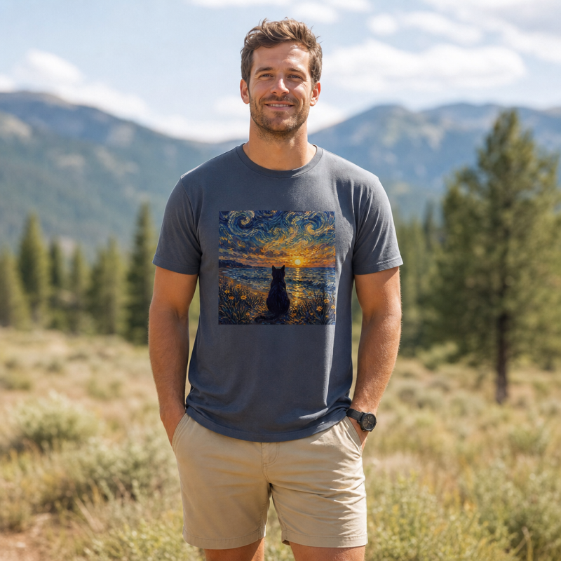 Starry Night Sunset Cat Seaside T-Shirt