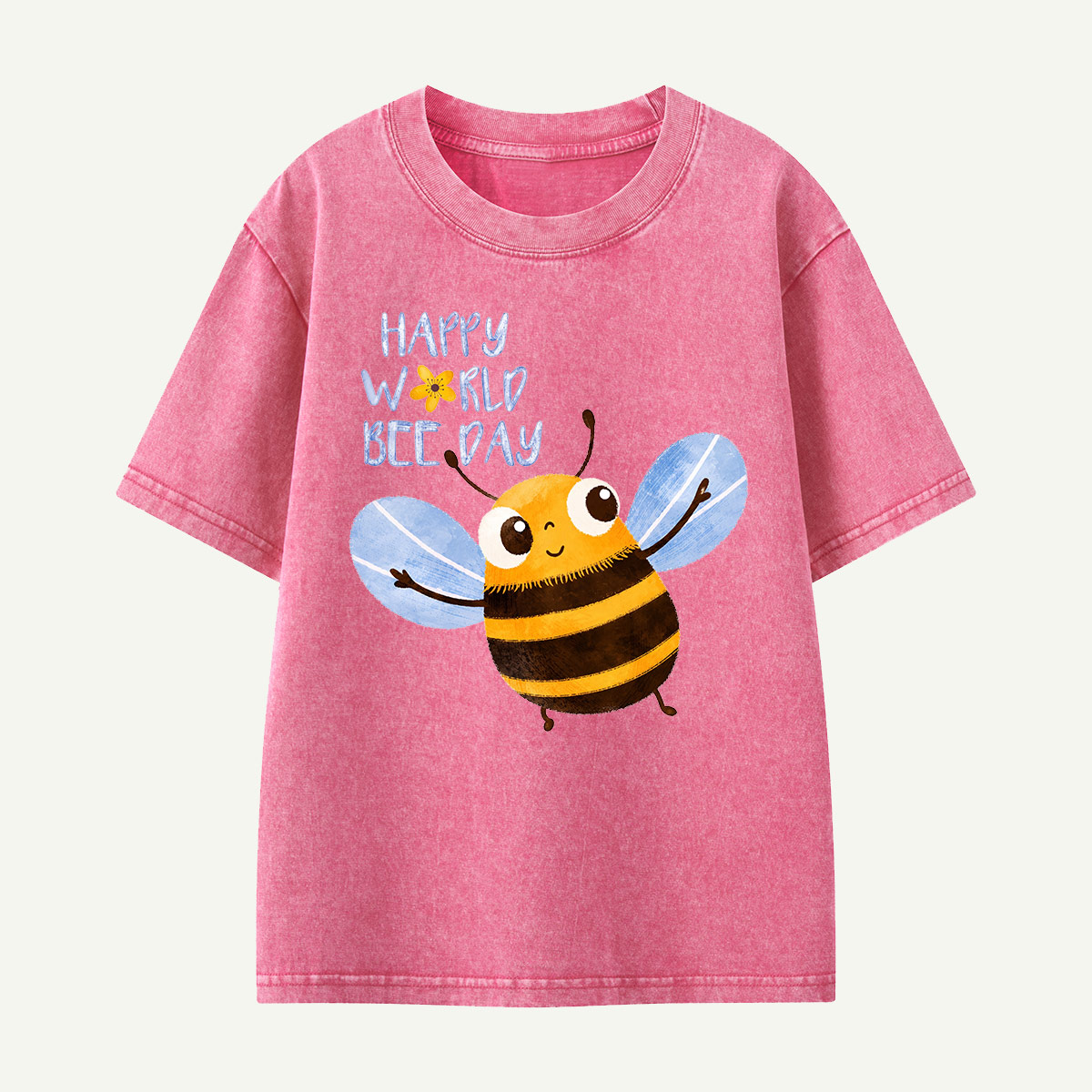 Happy World Bee Day Cute Bee Kids Washed T-Shirt
