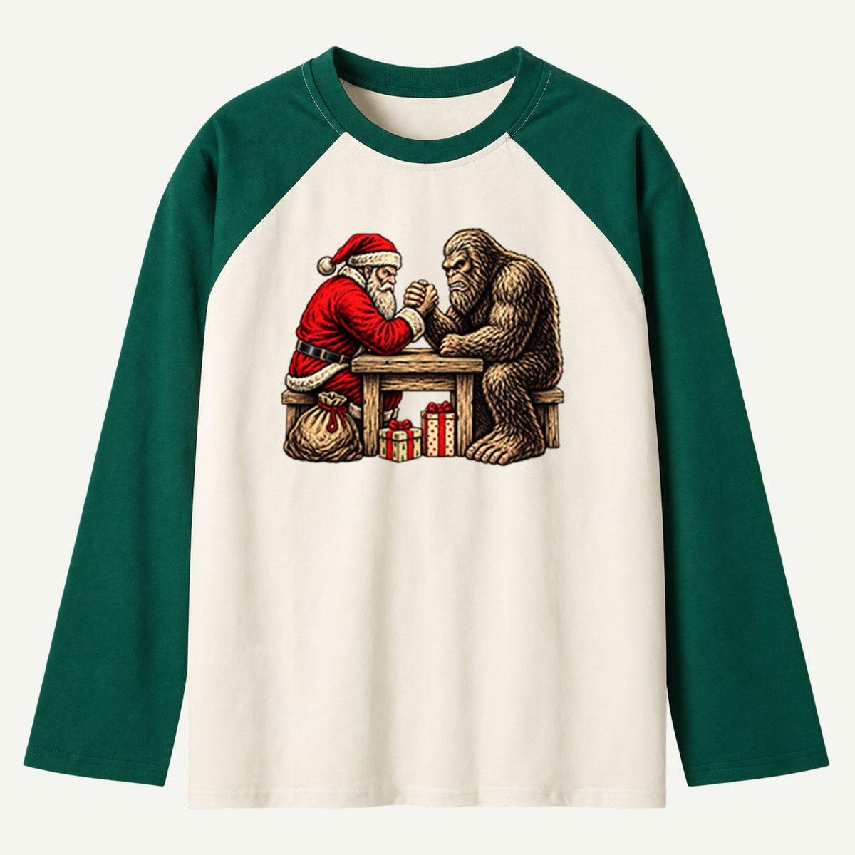 Santa Claus Versus Bigfoot Christmas Arm Wrestling Challenge Raglan Long Sleeves