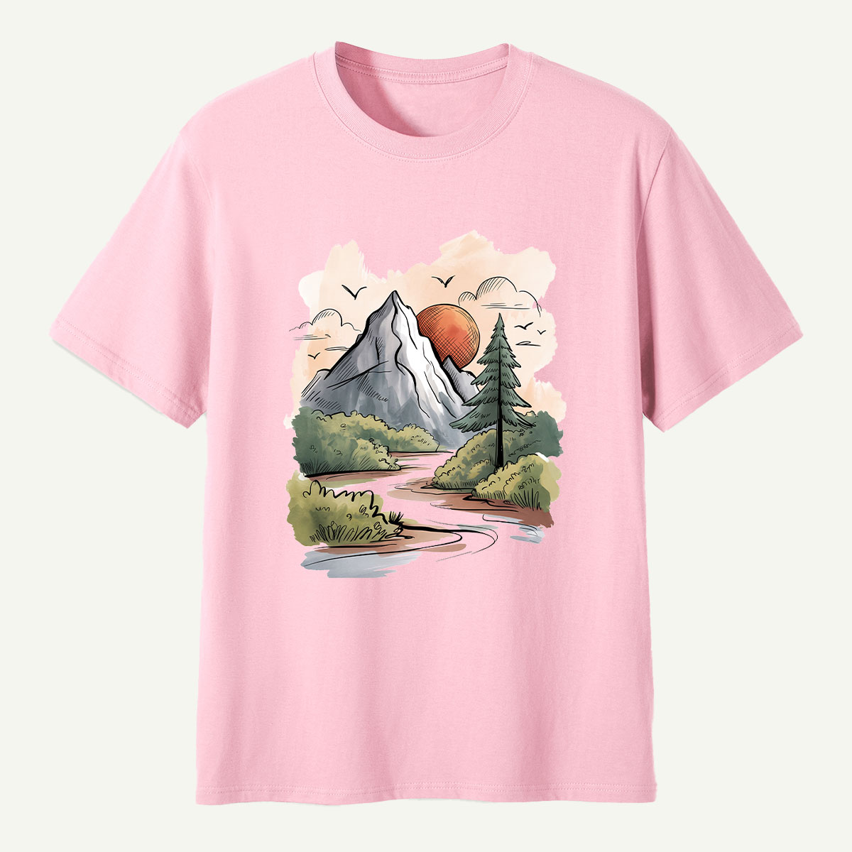 Mountain River Sunset Watercolor Landscape T-Shirt