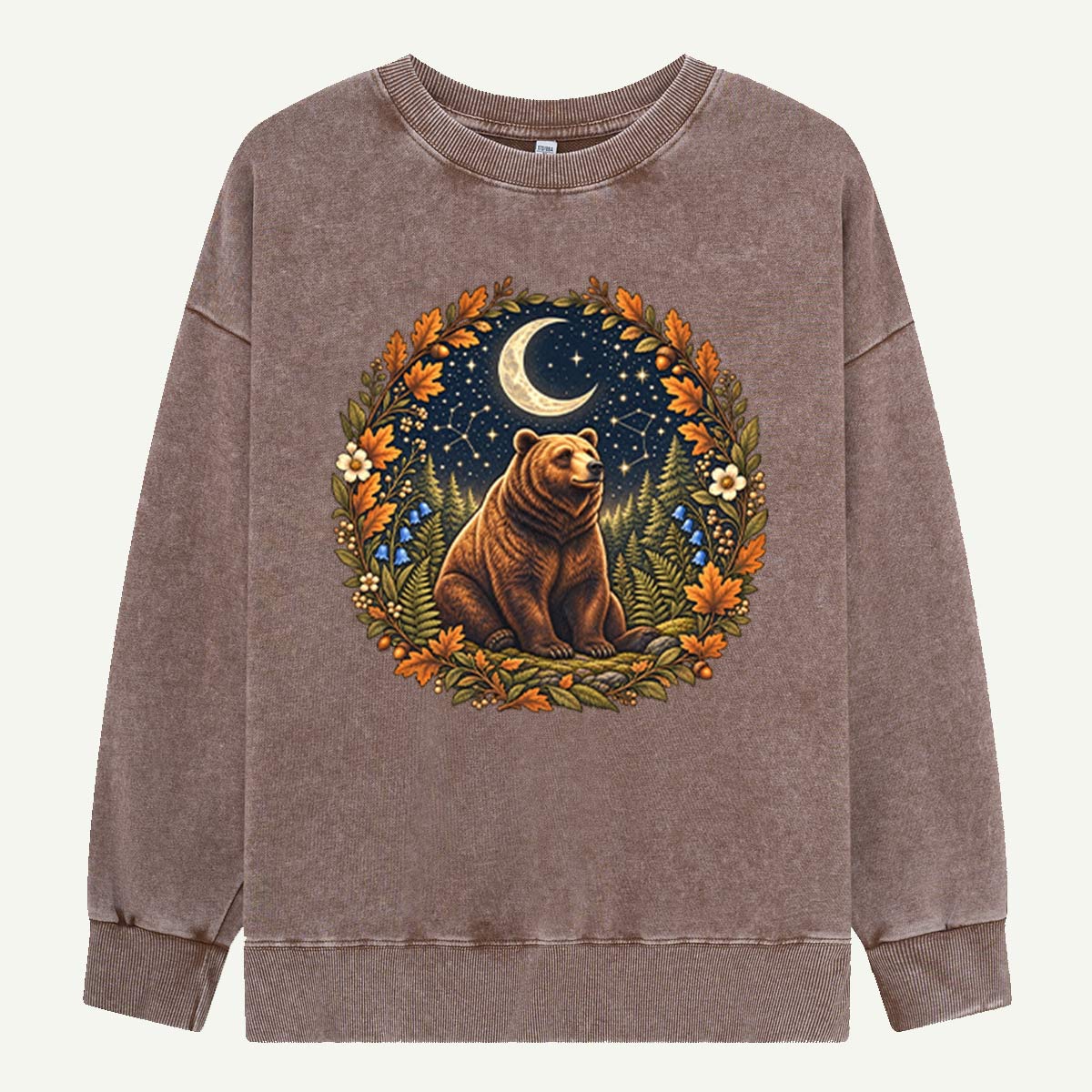 Moonlit Bear Floral Forest Illustration Washed Sweatshirts