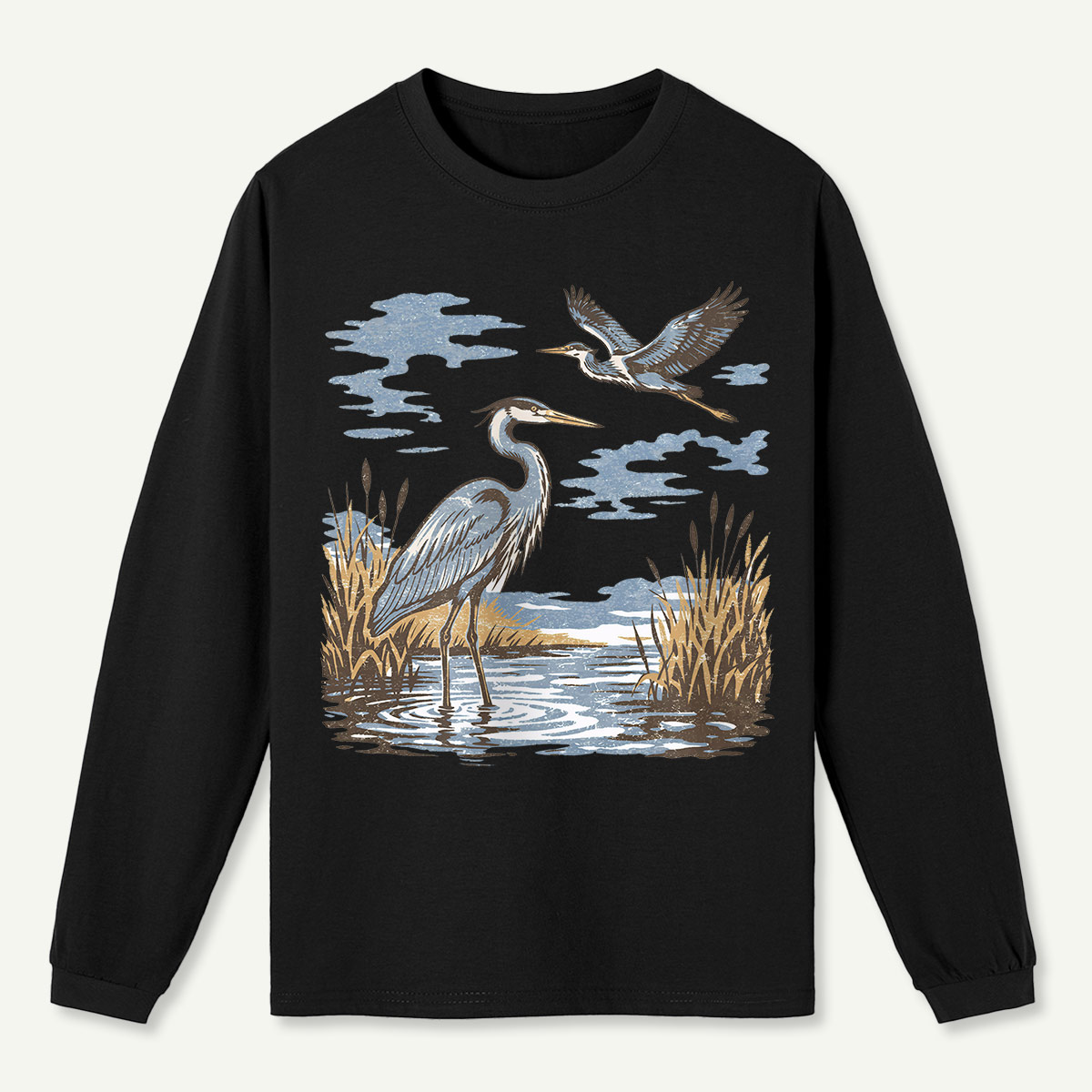 Vintage Heron Wetland Bird Nature  Long Sleeve T-Shirt
