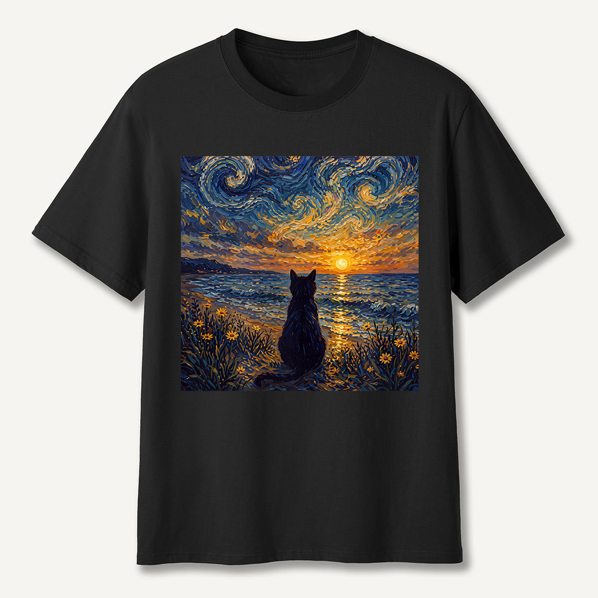 Starry Night Sunset Cat Seaside T-Shirt