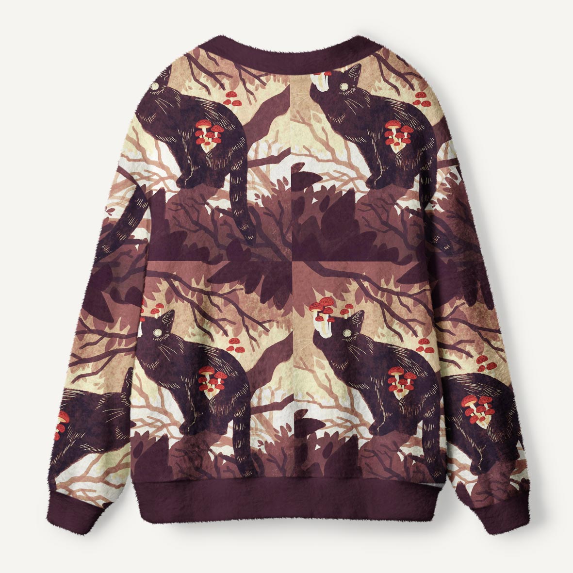 Black Cat With Growing Red Mushrooms Mystical Forest Art Ugly Cardigan Sweaters