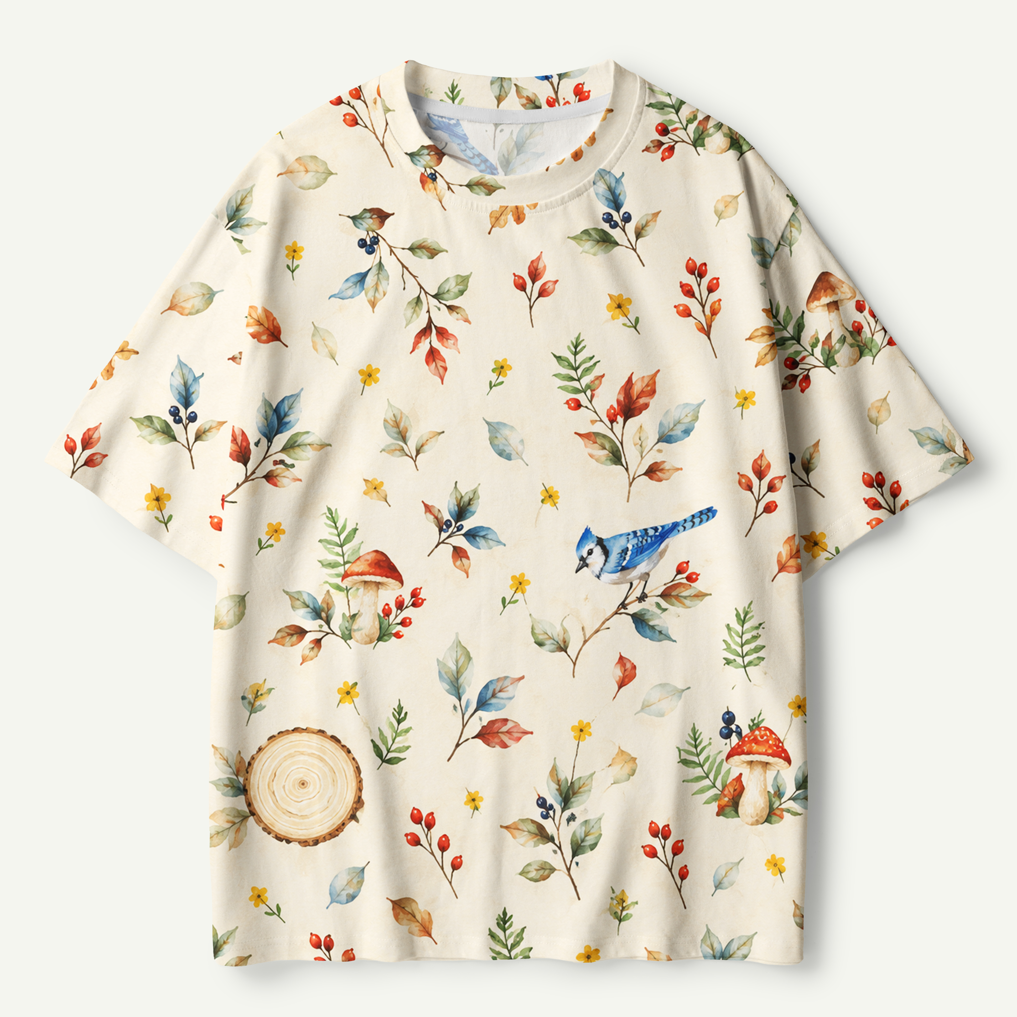 Blue Jay Berry Mushroom Woodland Watercolor Premium Pure Cotton Tee