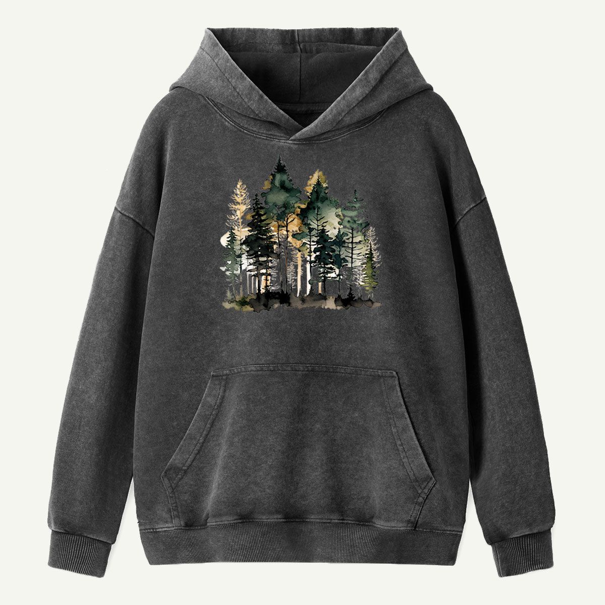 Watercolor Pine Forest Landscape Washed Hoodie