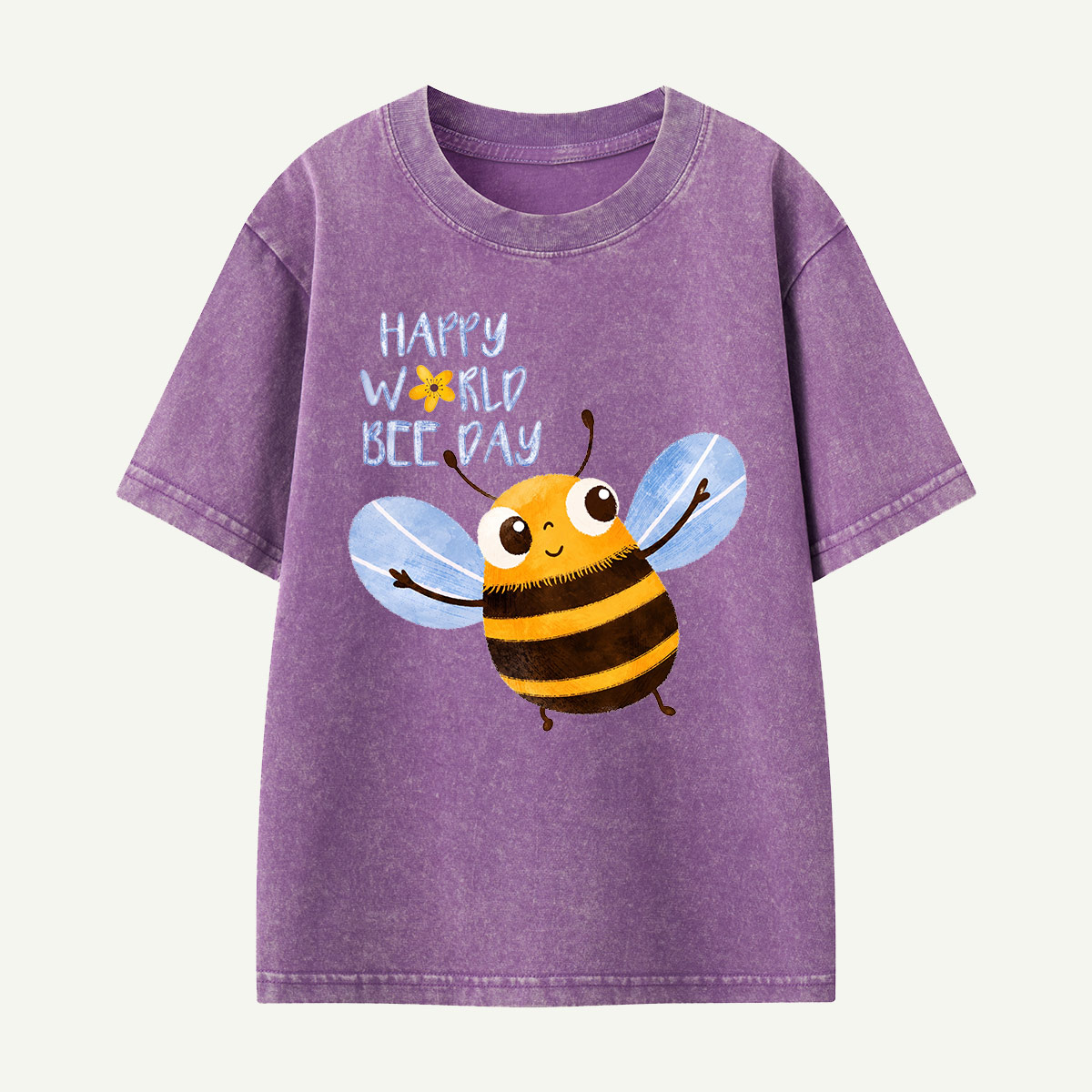 Happy World Bee Day Cute Bee Kids Washed T-Shirt