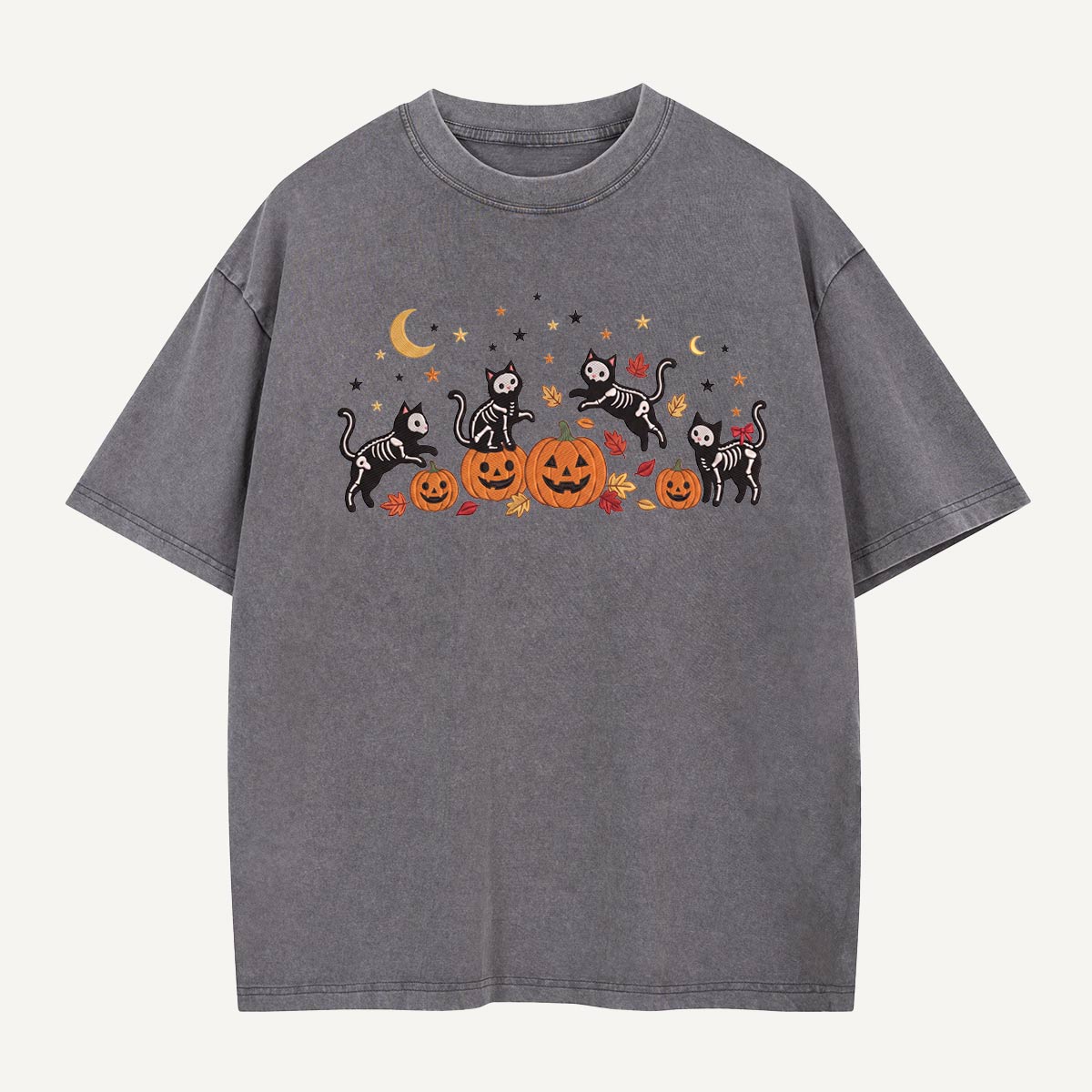 Skeleton Cats Pumpkin Party Washed T-Shirt