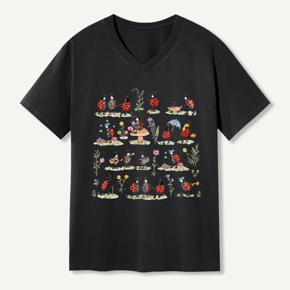 Ladybug and Flower Tee Washed V-neck T-Shirt