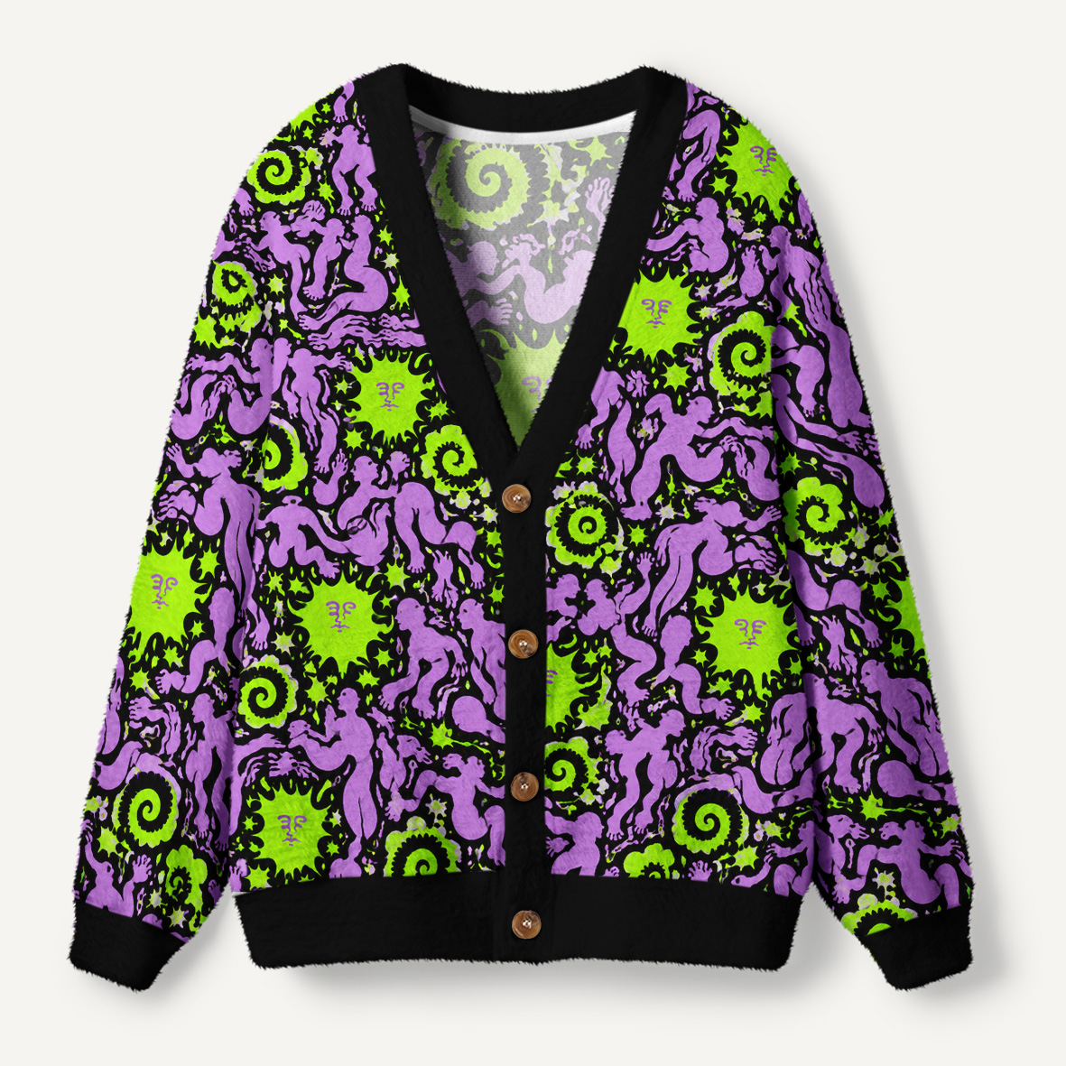 Purple And Lime Surreal Abstract Figures Ugly Cardigan Sweaters
