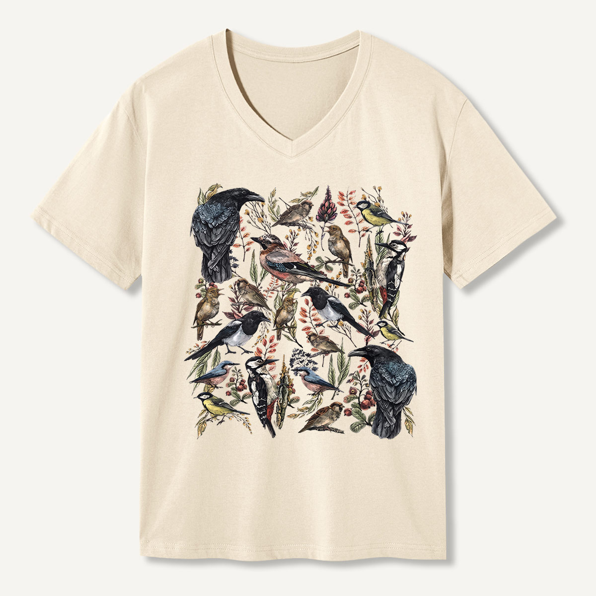 Vintage Wild Birds Botanical V-neck T-Shirt