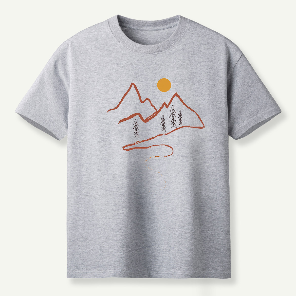 Minimal Mountain Sun Trail Line Art T-Shirt