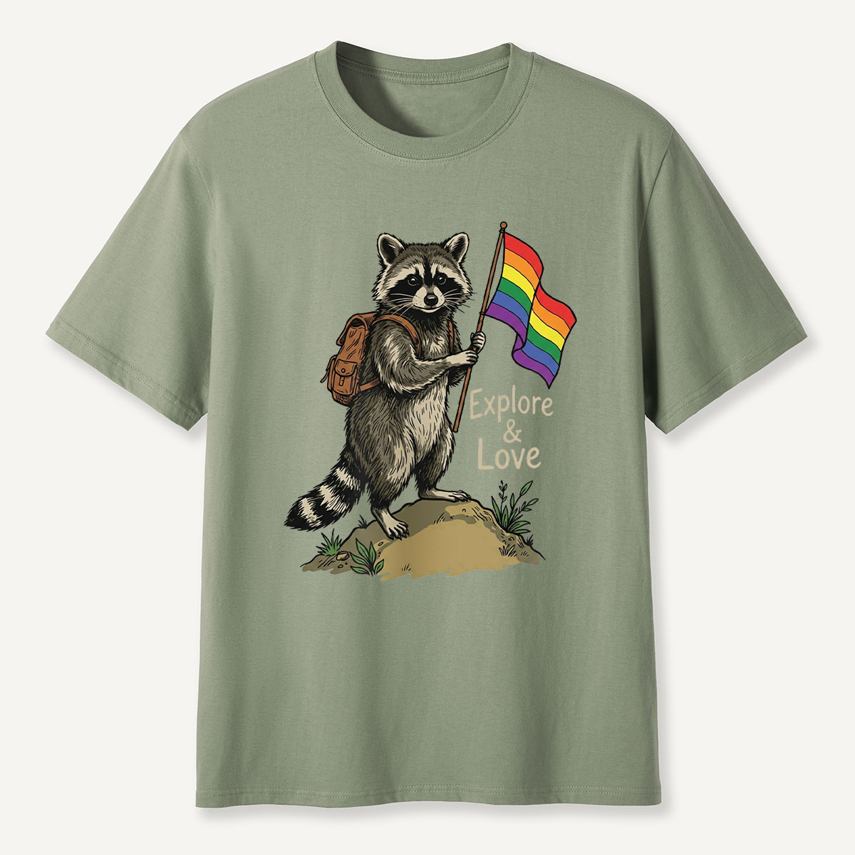 Raccoon Holding Rainbow Flag Explore and Love T-Shirt