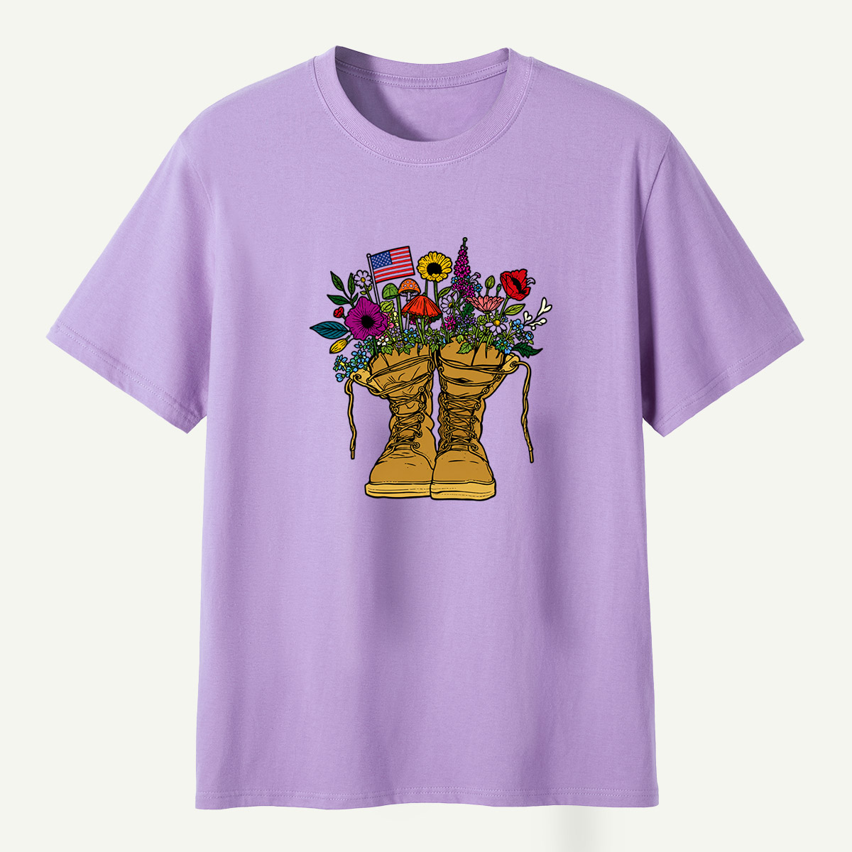 American Flag Combat Boots Wildflower Mushroom Garden T-Shirt