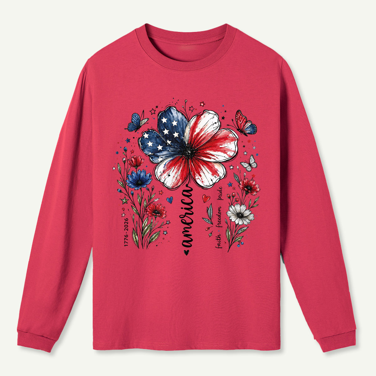 USA 250th Anniversary Floral Long Sleeve T-Shirt