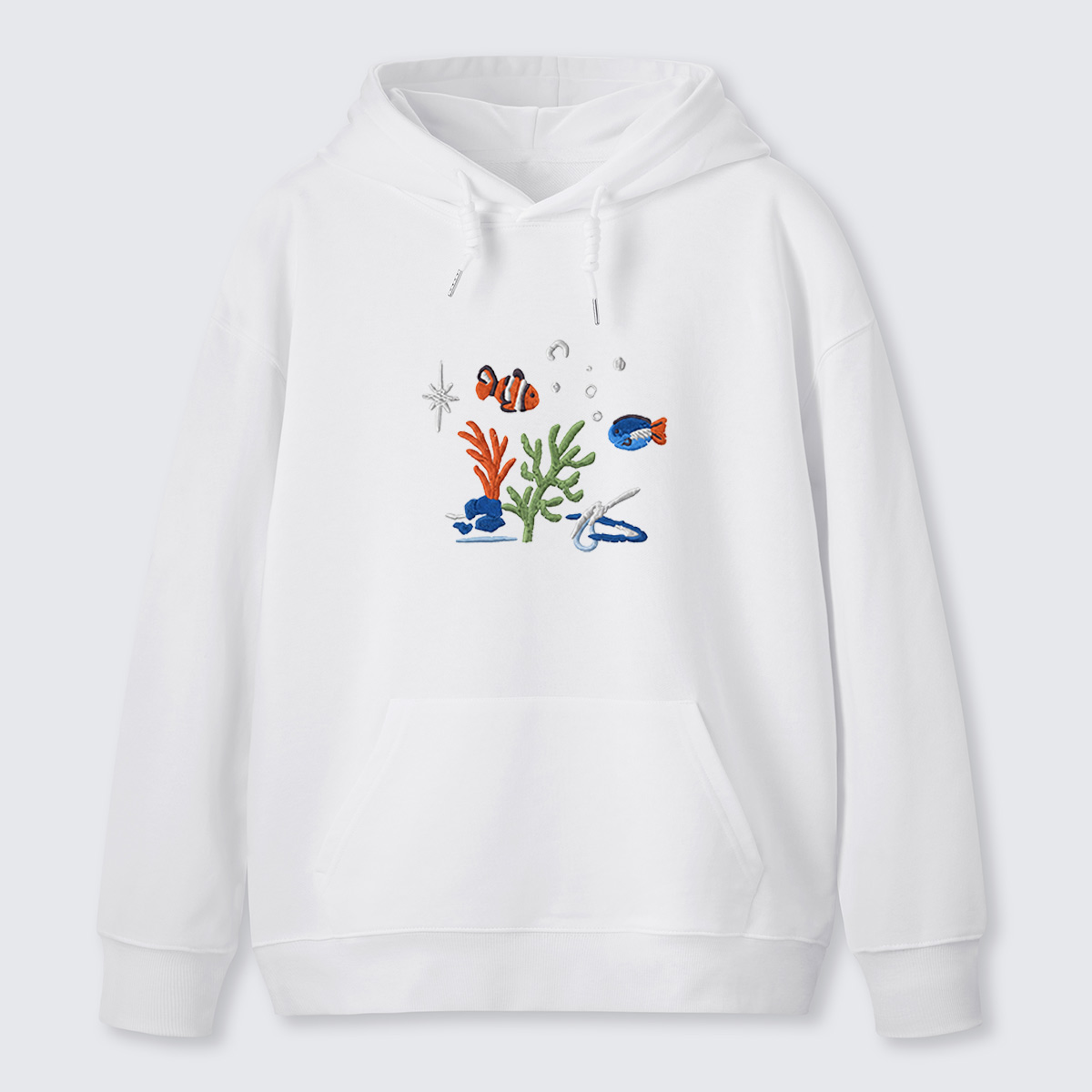 Underwater Reef Fish Embroidered Cotton Hoodie